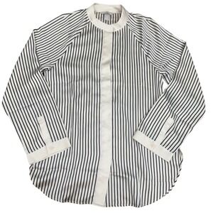 H&M Women Cream Navy Striped Band Collar Button Up Blouse Top Small office fir